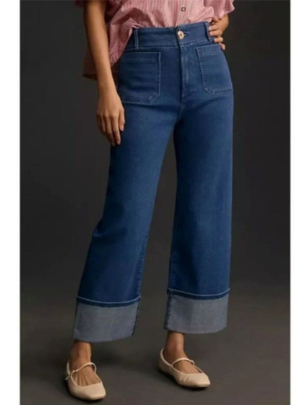 Maeve Colette Cuffed Jeans Wide Leg High Rise Dark Wash Denim 33T